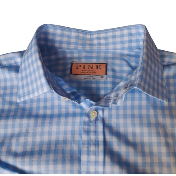 Thomas Pink SZ 17 French Cuff Gingham Blue & White Button Up Men's Shirt - Picture 2 of 15